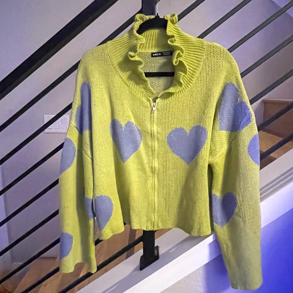 Knitted Lime Zip-Up Sweater with Collar Detail and Periwinkle Heart Pattern